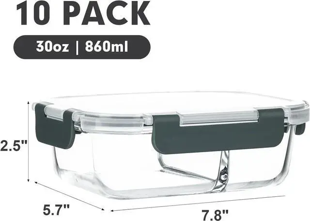 Alt view image 2 of 7 - M MCIRCO 10-Pack,30 Oz Glass Meal Prep Containers 2 Compartments Airtight Lunch Bento Boxes with Lids, Glass Food Storage Containers, Microwave, Oven, Freezer and Dishwasher