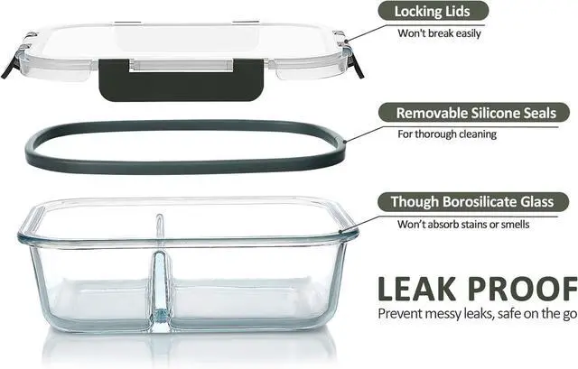 Alt view image 3 of 7 - M MCIRCO [5-Pack,36 Oz] Glass Meal Prep Containers 2 Compartments Portion Control with Upgraded Snap Locking Lids Glass Food Storage Containers, Microwave, Oven, Freezer and Dishwasher (4.5 Cups)