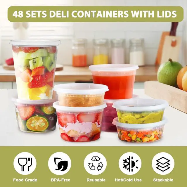 Alt view image 3 of 7 - Deli Containers with Lids: [48 Sets 3 Sizes] 8 oz, 16 oz, 32 oz Plastic Soup Containers Reusable, Airtight Food Storage Containers for Restaurant Take Out, BPA Free, Microwave/Dishwasher Safe
