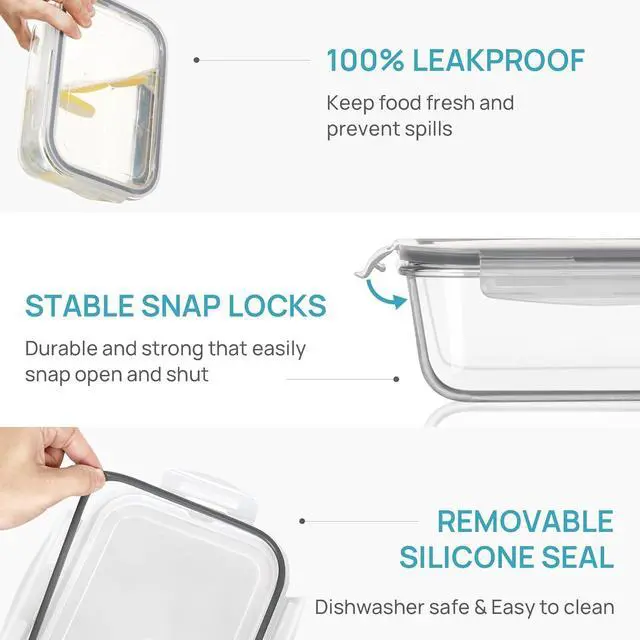 Alt view image 6 of 7 - Vtopmart 2Pack 1860ml/ 63oz Large Glass Storage Containers with Lids, Meal Prep Food Container Set with Snap Airtight Lid for Baking, Microwave, Oven, Leak Proof, for Freezer, Dishwasher, Grey