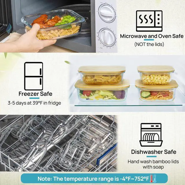 Alt view image 4 of 7 - Vtopmart Glass Food Storage Containers with Bamboo Lids, 4 Pack Meal Prep Glass Containers Safe for Microwave, Oven, Freezer and Dishwasher, BPA Free