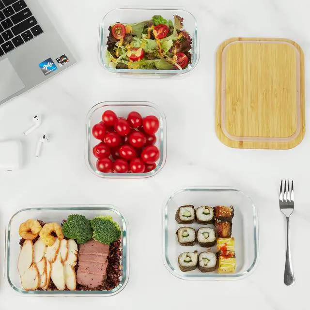 Alt view image 5 of 7 - Vtopmart Glass Food Storage Containers with Bamboo Lids, 4 Pack Meal Prep Glass Containers Safe for Microwave, Oven, Freezer and Dishwasher, BPA Free