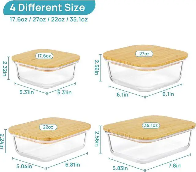 Alt view image 6 of 7 - Vtopmart Glass Food Storage Containers with Bamboo Lids, 4 Pack Meal Prep Glass Containers Safe for Microwave, Oven, Freezer and Dishwasher, BPA Free