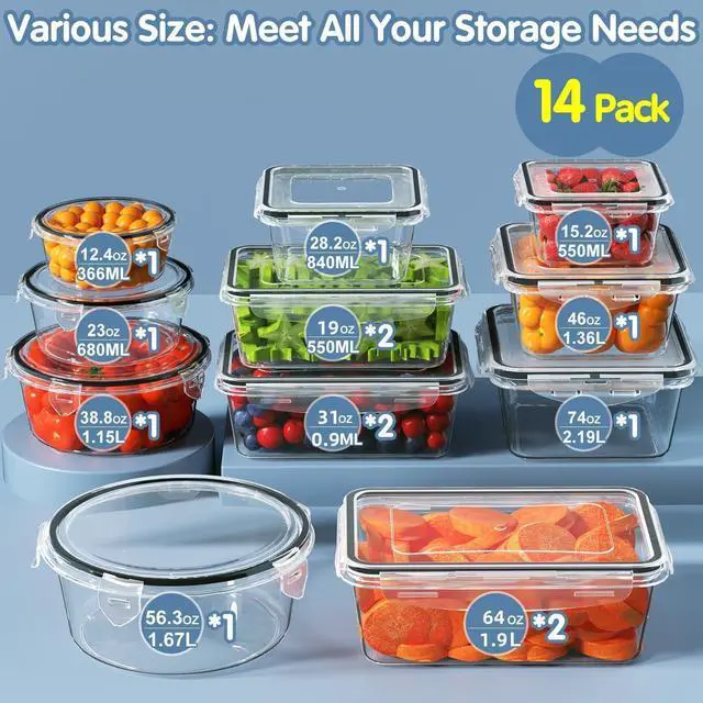 Alt view image 2 of 6 - 28 Pieces Food Storage Containers with Lids EXTRA LARGE Freezer Containers for Food BPA-Free Meat Fruit Vegetables Plastic Containers with lids Storage Airtight Leak-Proof Food Boxes for Kitchen