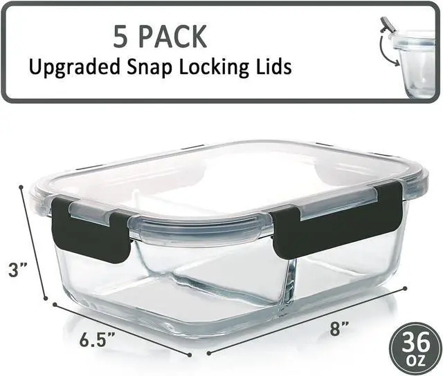 Alt view image 2 of 7 - M MCIRCO [5-Pack,36 Oz] Glass Meal Prep Containers 2 Compartments Portion Control with Upgraded Snap Locking Lids Glass Food Storage Containers, Microwave, Oven, Freezer and Dishwasher (4.5 Cups)