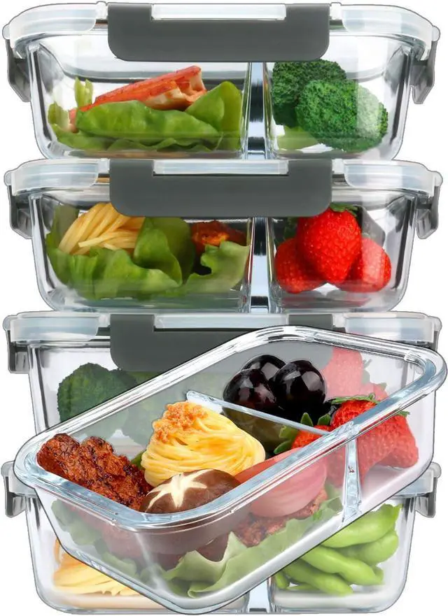 Main image of M MCIRCO [5-Pack,36 Oz] Glass Meal Prep Containers 2 Compartments Portion Control with Upgraded Snap Locking Lids Glass Food Storage Containers, Microwave, Oven, Freezer and Dishwasher (4.5 Cups)