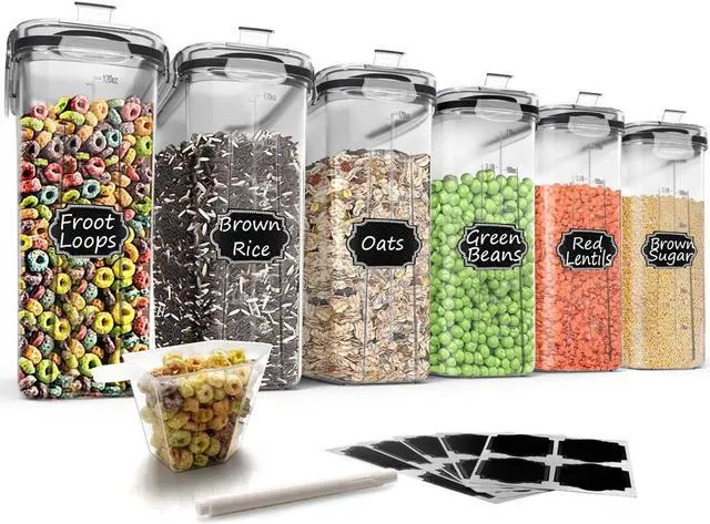 Main image of Wildone Cereal Storage Containers Set, Large BPA Free Plastic Airtight Food Storage Containers 4L for Flour, Sugar, 6 Piece Set Cereal Dispensers with 20 Labels & Marker, Black