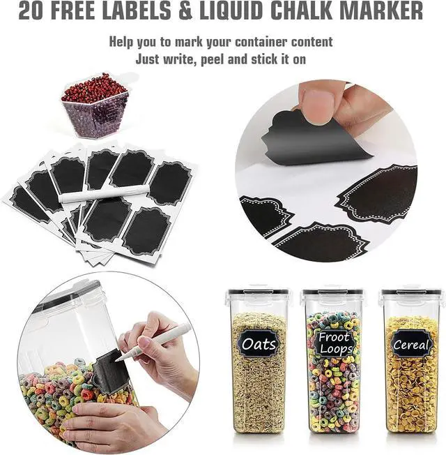 Alt view image 5 of 6 - Wildone Cereal Storage Containers Set, Large BPA Free Plastic Airtight Food Storage Containers 4L for Flour, Sugar, 6 Piece Set Cereal Dispensers with 20 Labels & Marker, Black