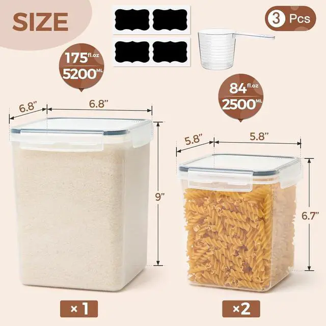 Alt view image 2 of 7 - ComSaf Flour Sugar Storage Containers Set of 3 (5.2L/175oz) (2.5L/84oz*2), Large Airtight Food Storage Containers with Lids, Plastic Canisters Sets for Kitchen, Pantry Organizers for Rice and Baking
