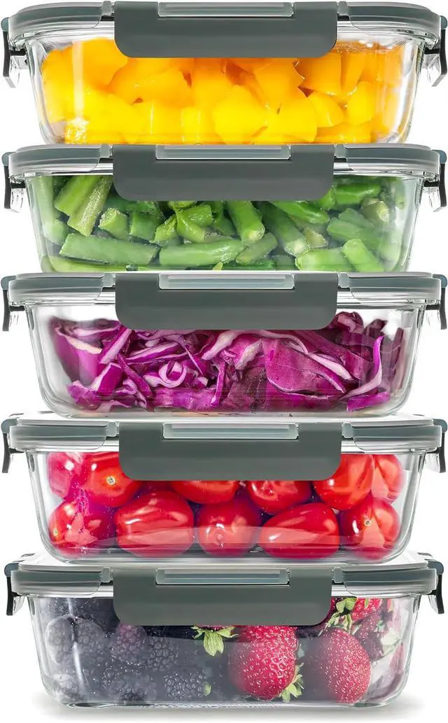 Main image of Zulay Kitchen 5 Pack Glass Meal Prep Containers with Lids - Airtight, Premium Borosilicate Glass Food Storage Containers - Microwave, Freezer & Oven Safe, BPA Free - Gray