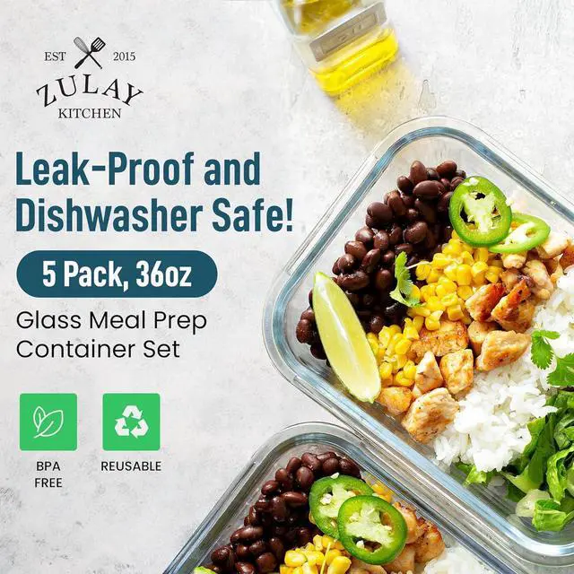 Alt view image 2 of 7 - Zulay Kitchen 5 Pack Glass Meal Prep Containers with Lids - Airtight, Premium Borosilicate Glass Food Storage Containers - Microwave, Freezer & Oven Safe, BPA Free - Gray