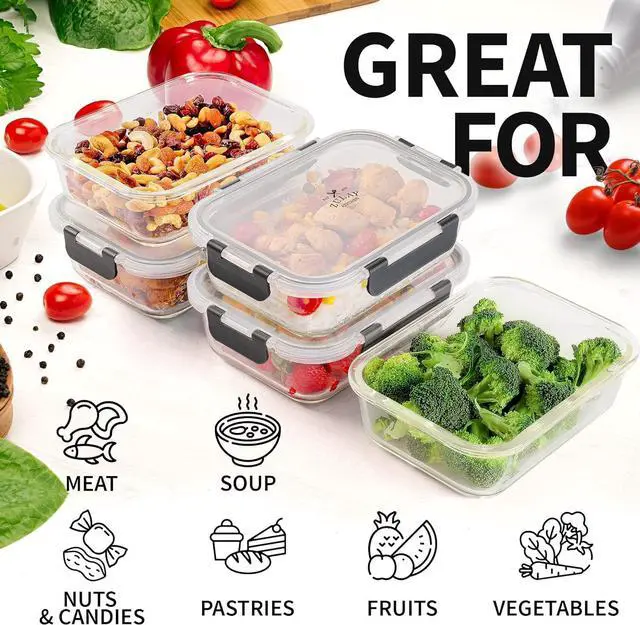 Alt view image 3 of 7 - Zulay Kitchen 5 Pack Glass Meal Prep Containers with Lids - Airtight, Premium Borosilicate Glass Food Storage Containers - Microwave, Freezer & Oven Safe, BPA Free - Gray