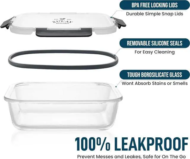 Alt view image 7 of 7 - Zulay Kitchen 5 Pack Glass Meal Prep Containers with Lids - Airtight, Premium Borosilicate Glass Food Storage Containers - Microwave, Freezer & Oven Safe, BPA Free - Gray