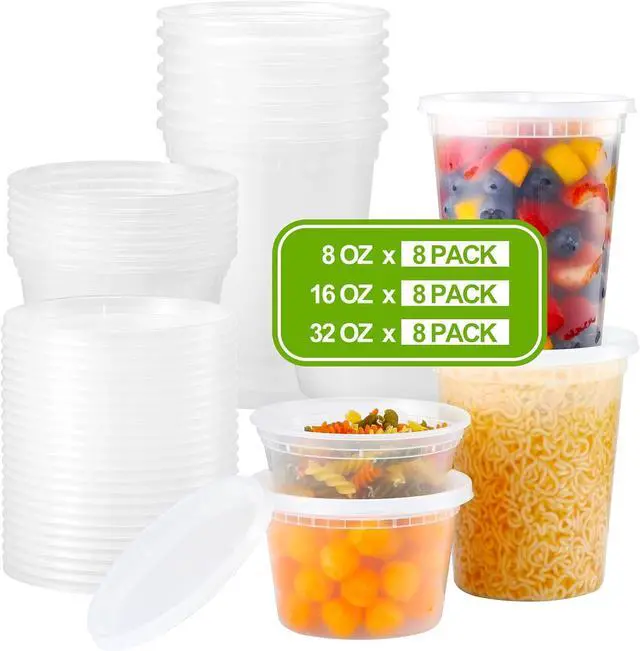 Main image of AOZITA 24 Sets Plastic Deli Food Containers With Lids, 8 oz 16oz 32oz Variety pack, Airtight Food Storage Containers, Freezer/Dishwasher/Microwave Safe, Soup Containers For Takeout Food Storage