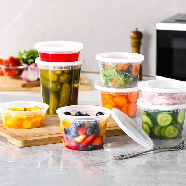 Alt view image 4 of 6 - AOZITA 24 Sets Plastic Deli Food Containers With Lids, 8 oz 16oz 32oz Variety pack, Airtight Food Storage Containers, Freezer/Dishwasher/Microwave Safe, Soup Containers For Takeout Food Storage