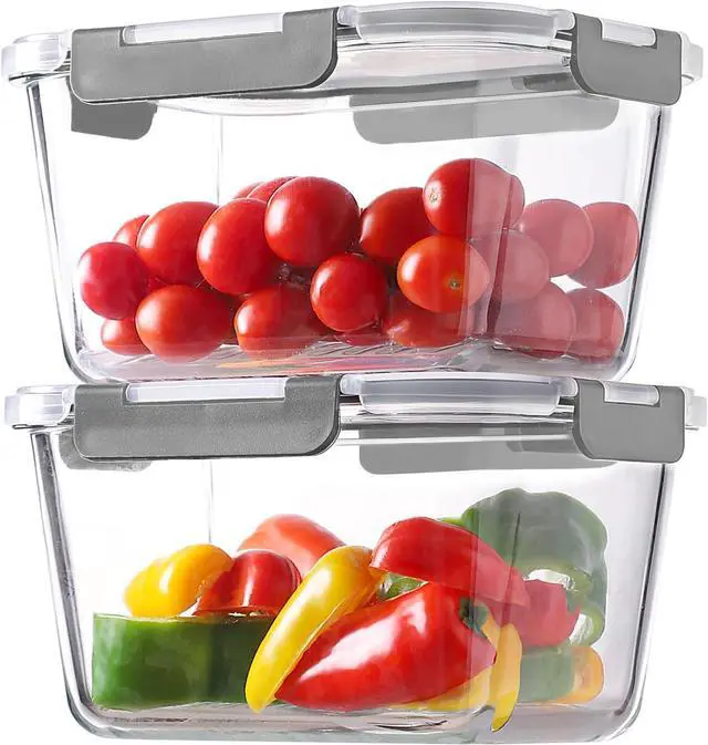 Main image of HOMBERKING 4 Pieces 63oz/8cup Large Glass Food Storage Containers with Lids, Meal Prep Containers, Airtight Bento Boxes with Leak Proof Locking (2 Containers 2 Lids), Microwave,Oven,Fridge Safe-Grey