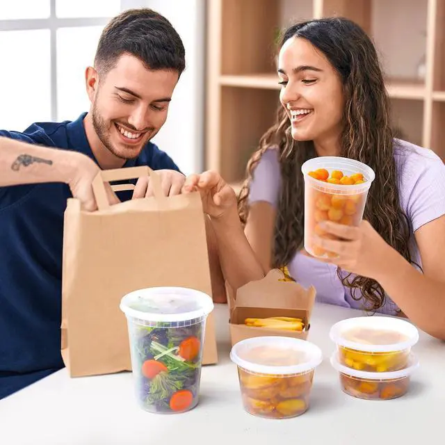 Alt view image 6 of 6 - AOZITA 24 Sets Plastic Deli Food Containers With Lids, 8 oz 16oz 32oz Variety pack, Airtight Food Storage Containers, Freezer/Dishwasher/Microwave Safe, Soup Containers For Takeout Food Storage