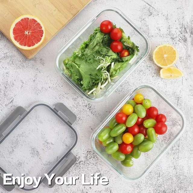 Alt view image 2 of 7 - HOMBERKING 4 Pieces 63oz/8cup Large Glass Food Storage Containers with Lids, Meal Prep Containers, Airtight Bento Boxes with Leak Proof Locking (2 Containers 2 Lids), Microwave,Oven,Fridge Safe-Grey