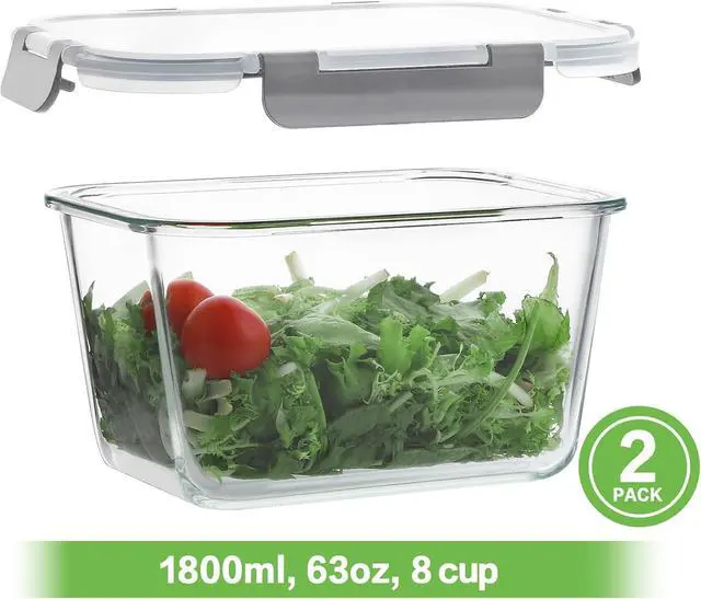 Alt view image 3 of 7 - HOMBERKING 4 Pieces 63oz/8cup Large Glass Food Storage Containers with Lids, Meal Prep Containers, Airtight Bento Boxes with Leak Proof Locking (2 Containers 2 Lids), Microwave,Oven,Fridge Safe-Grey