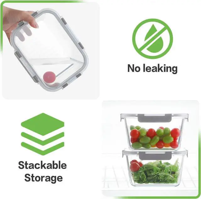 Alt view image 5 of 7 - HOMBERKING 4 Pieces 63oz/8cup Large Glass Food Storage Containers with Lids, Meal Prep Containers, Airtight Bento Boxes with Leak Proof Locking (2 Containers 2 Lids), Microwave,Oven,Fridge Safe-Grey