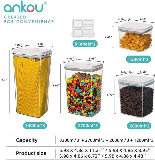 Alt view image 6 of 6 - Ankou Pop Airtight Food Storage Containers with Lids for Kitchen Pantry Organizing Stackable Container for Cereal Snack Flour Sugar Coffee Spaghetti -12 Pcs(1.2, 2.0, 2.7, 3.3qt)*3