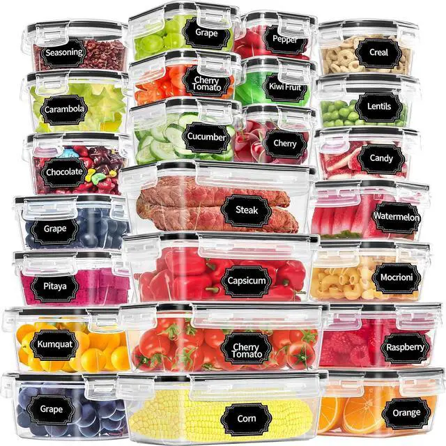 Main image of PRAKI 48 Pack Food Storage Containers with Airtight Lids (24 Containers & 24 Lids), Kitchen storage containers for Pantry Organizers and Storage, Meal Prep Container with Labels & Marker