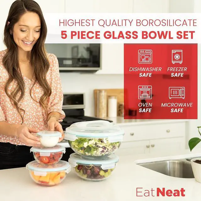Alt view image 2 of 7 - EatNeat 5Piece Glass Food Storage Bowl Set with Locking Lids  Airtight, Nesting, Stackable Bowls  Oven, Microwave Safe  Great Gift for Meal Prep, Salads, Leftovers, Baking & Cooking