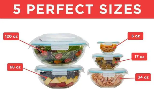 Alt view image 5 of 7 - EatNeat 5Piece Glass Food Storage Bowl Set with Locking Lids  Airtight, Nesting, Stackable Bowls  Oven, Microwave Safe  Great Gift for Meal Prep, Salads, Leftovers, Baking & Cooking