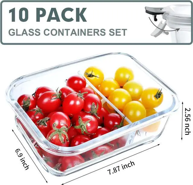 Alt view image 2 of 7 - VERONES 10 Pack Glass Meal Prep Containers 2 Compartment Set, 30 OZ Airtight Glass Lunch Containers, Glass Food Storage Containers with Lids, for Microwave, Oven, Freezer & Dishwasher FriendlyGrey