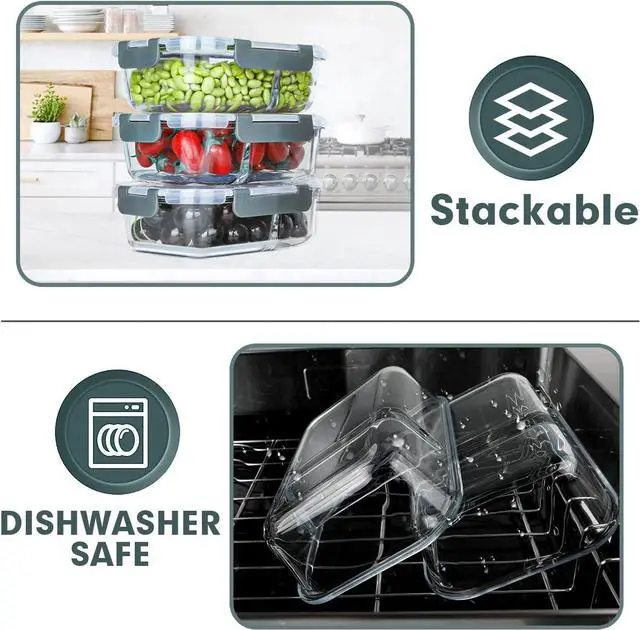 Alt view image 4 of 7 - VERONES 10 Pack Glass Meal Prep Containers 2 Compartment Set, 30 OZ Airtight Glass Lunch Containers, Glass Food Storage Containers with Lids, for Microwave, Oven, Freezer & Dishwasher FriendlyGrey