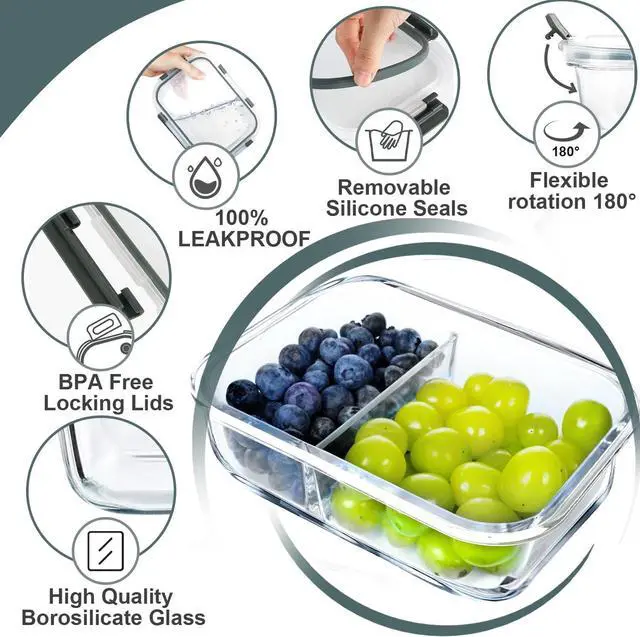 Alt view image 5 of 7 - VERONES 10 Pack Glass Meal Prep Containers 2 Compartment Set, 30 OZ Airtight Glass Lunch Containers, Glass Food Storage Containers with Lids, for Microwave, Oven, Freezer & Dishwasher FriendlyGrey