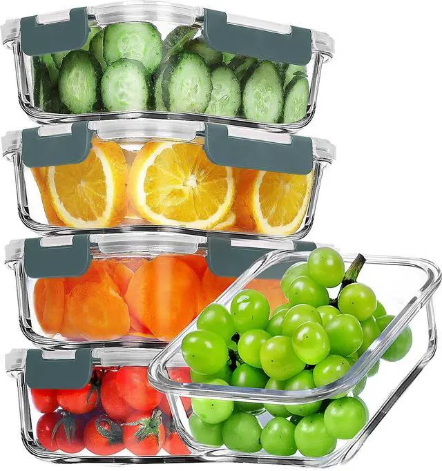 Main image of VERONES 5 Pack 36 OZ Glass Meal Prep Containers, Airtight Glass Lunch Containers Set, Glass Food Storage Containers with Lids,Exclusive of BPA, for Microwave, Oven, Freezer & Dishwasher Friendly,Grey