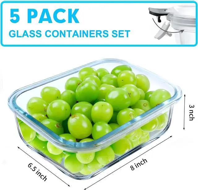Alt view image 2 of 7 - VERONES 5 Pack 36 OZ Glass Meal Prep Containers, Airtight Glass Lunch Containers Set, Glass Food Storage Containers with Lids,Exclusive of BPA, for Microwave, Oven, Freezer & Dishwasher Friendly,Grey