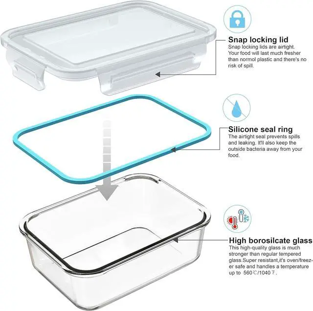 Alt view image 4 of 7 - Glass Food Storage Containers with Lids, [18 Piece] Glass Meal Prep Containers, Containers for Food Storage with Lids, BPA Free & Leak Proof (9 Lid & 9 Container)