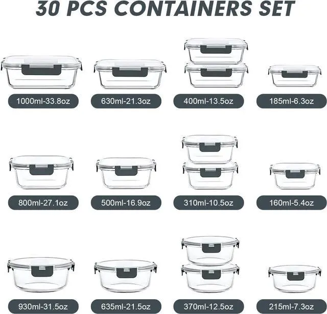 Alt view image 2 of 7 - VERONES 30 Pieces Glass Meal Prep Containers Set, Stackable Glass Food Storage Containers with Lids-Airtight Glass Lunch Containersfor Microwave, Oven, Freezer & Dishwasher,Grey