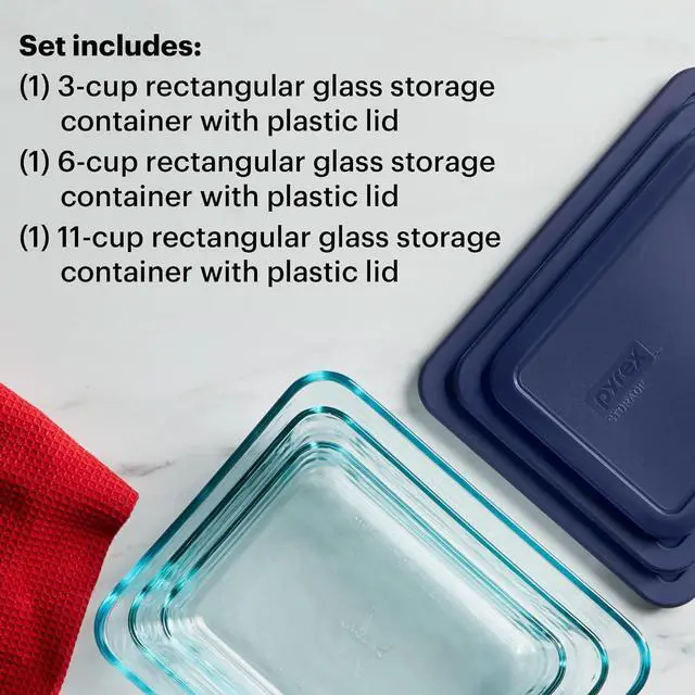 Alt view image 2 of 5 - Pyrex Simply Store (3-Pack) Rectangular Glass Food Storage Containers Set, (3, 6 & 11 Cup) Meal Prep Containers With BPA-Free Lids, Dishwasher & Microwave Safe
