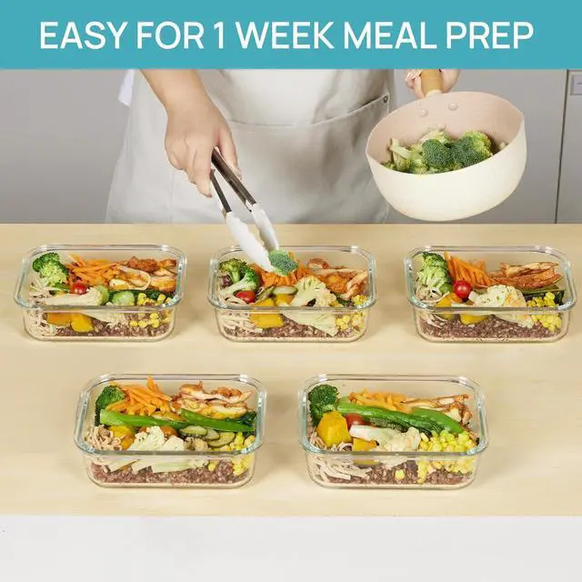 Alt view image 3 of 7 - Vtopmart 5 Pack 35oz Glass Food Storage Containers with Lids, Meal Prep Containers, Airtight Reusable Lunch Container Set, Safe for Oven, Microwave, Freezer, and Dishwasher