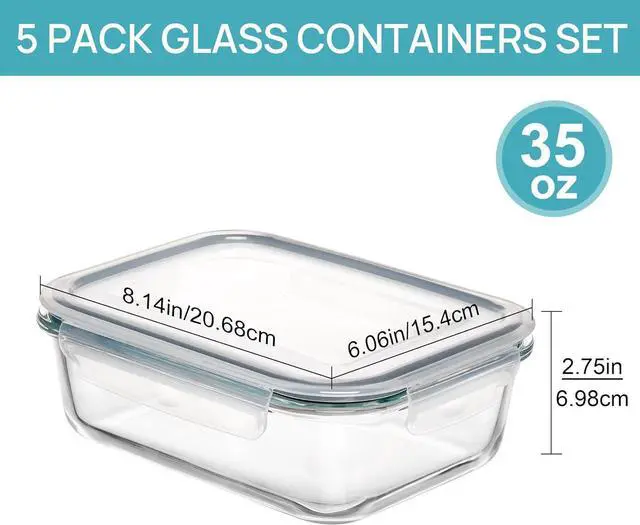 Alt view image 7 of 7 - Vtopmart 5 Pack 35oz Glass Food Storage Containers with Lids, Meal Prep Containers, Airtight Reusable Lunch Container Set, Safe for Oven, Microwave, Freezer, and Dishwasher