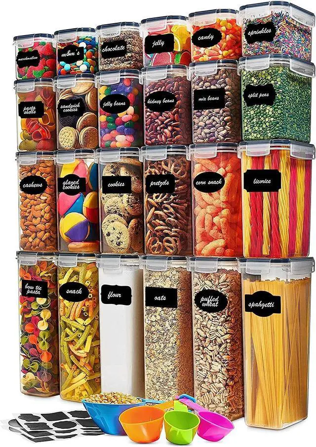 Main image of 24 Pack Airtight Food Storage Container Set - BPA Free Clear Plastic Kitchen and Pantry Organization Canisters with Durable Lids for Cereal, Dry Food Flour & Sugar - Labels, Marker & Spoon Set