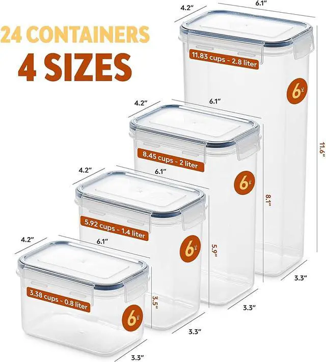 Alt view image 2 of 7 - 24 Pack Airtight Food Storage Container Set - BPA Free Clear Plastic Kitchen and Pantry Organization Canisters with Durable Lids for Cereal, Dry Food Flour & Sugar - Labels, Marker & Spoon Set