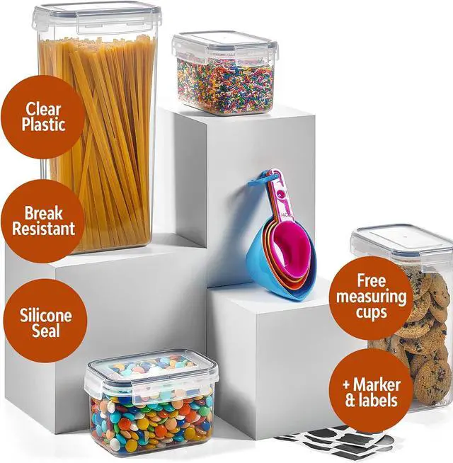 Alt view image 3 of 7 - 24 Pack Airtight Food Storage Container Set - BPA Free Clear Plastic Kitchen and Pantry Organization Canisters with Durable Lids for Cereal, Dry Food Flour & Sugar - Labels, Marker & Spoon Set
