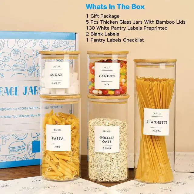 Alt view image 2 of 7 - 5 Pcs Glass Food Storage Containers With 132 Pantry Labels Preprinted - Thicken(3mm) Jars Airtight Bamboo Lid Stackable Kitchen Canisters Set For Candy, Cookie, Rice, Sugar, Flour