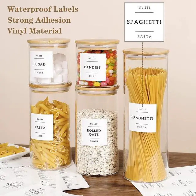 Alt view image 3 of 7 - 5 Pcs Glass Food Storage Containers With 132 Pantry Labels Preprinted - Thicken(3mm) Jars Airtight Bamboo Lid Stackable Kitchen Canisters Set For Candy, Cookie, Rice, Sugar, Flour