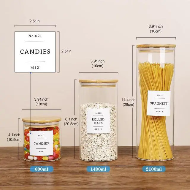 Alt view image 6 of 7 - 5 Pcs Glass Food Storage Containers With 132 Pantry Labels Preprinted - Thicken(3mm) Jars Airtight Bamboo Lid Stackable Kitchen Canisters Set For Candy, Cookie, Rice, Sugar, Flour