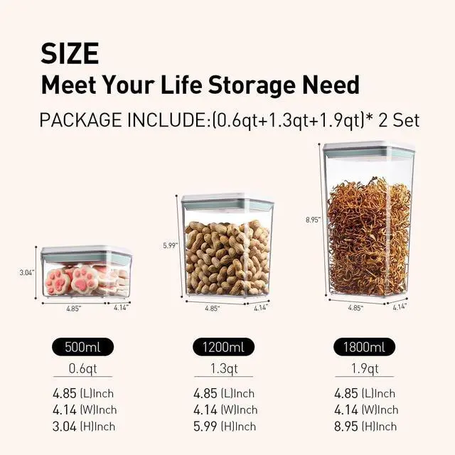 Alt view image 5 of 6 - Pop Food Storage Containers Set, 6Pcs Airtight Containers with Lids for Kitchen Pantry Organizers and Storage,One Button Opening BPA-Free Food Containers for Cereal Flour Sugar(0.6, 1.3, 1.9Qt)*2