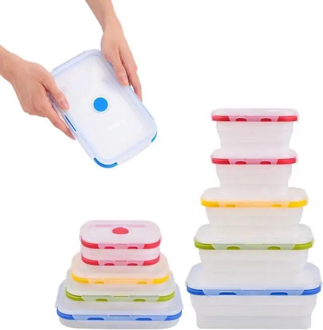 Main image of Collapsible Silicone Food Storage Containers, BPA Free, Microwave, Freezer and Dishwasher Safe, Lunch, Meal Prep, Travel, Space-Saving, Set of 5