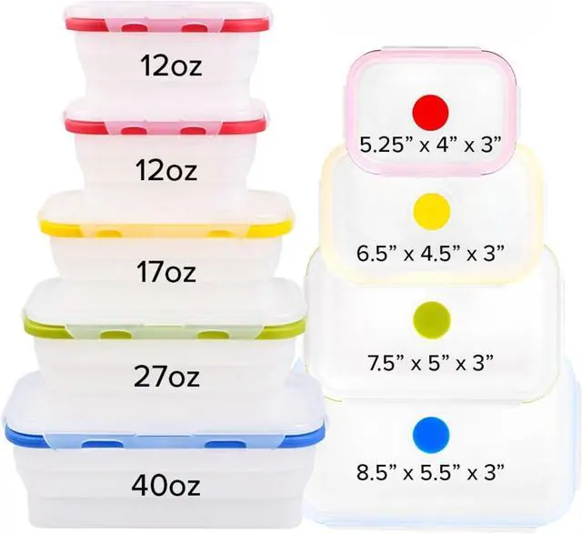 Alt view image 3 of 7 - Collapsible Silicone Food Storage Containers, BPA Free, Microwave, Freezer and Dishwasher Safe, Lunch, Meal Prep, Travel, Space-Saving, Set of 5