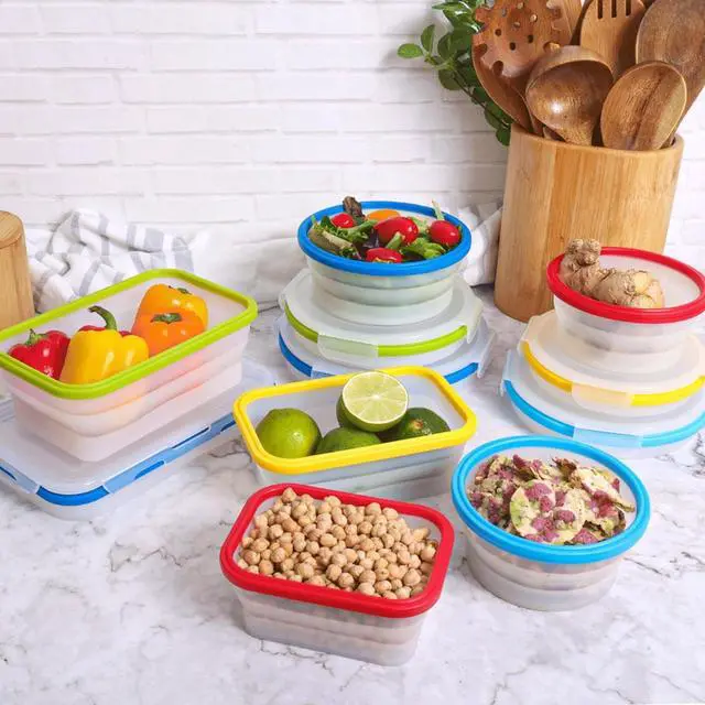 Alt view image 7 of 7 - Collapsible Silicone Food Storage Containers, BPA Free, Microwave, Freezer and Dishwasher Safe, Lunch, Meal Prep, Travel, Space-Saving, Set of 5