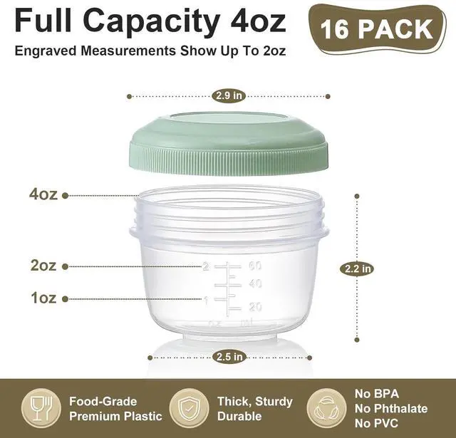 Alt view image 2 of 7 - 16 Pack 4 oz Reusable Plastic Containers with Lids, Snack & Puree, Salad Dressing, Deli & Freezer Baby Food Containers, Dishwasher Safe, BPA Free