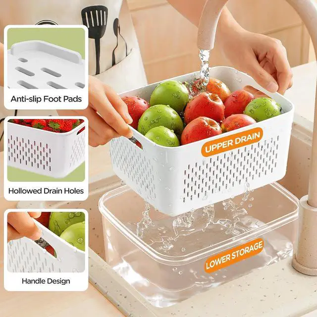 Alt view image 2 of 7 - 5-Pack Fruit Storage Containers for Fridge with Removable Colanders, 4 in 1 Produce Storage Containers with Lids, Leakproof Fridge Organizer Bins for Salad Berry Lettuce Vegetables Meat Keeper Fresh